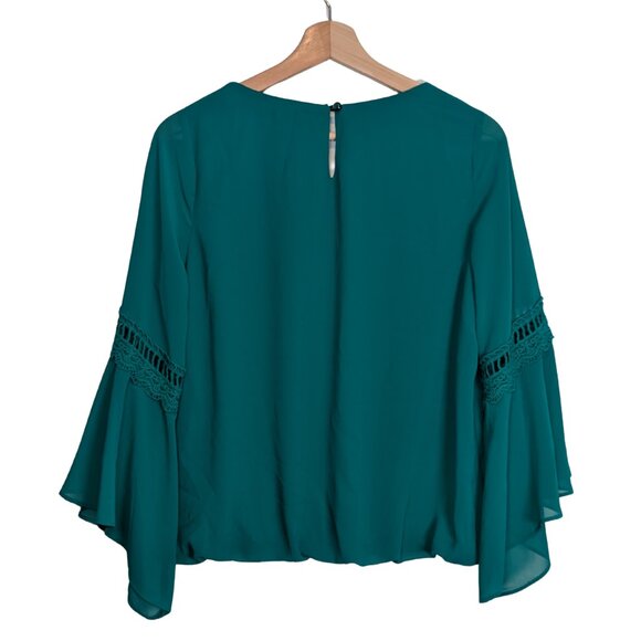 by & by Women's Large Blouse Top Shirt Emerald Green Bell Sleeve - Picture 2 of 11